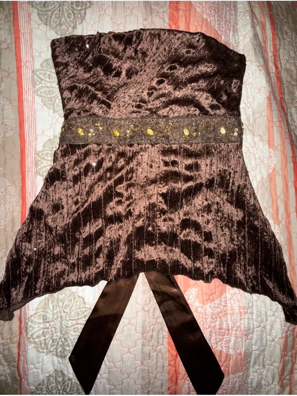 Vintage Tailor B. Moss Brown Velvety Strapless Top with Sequin Trim Satin Tie